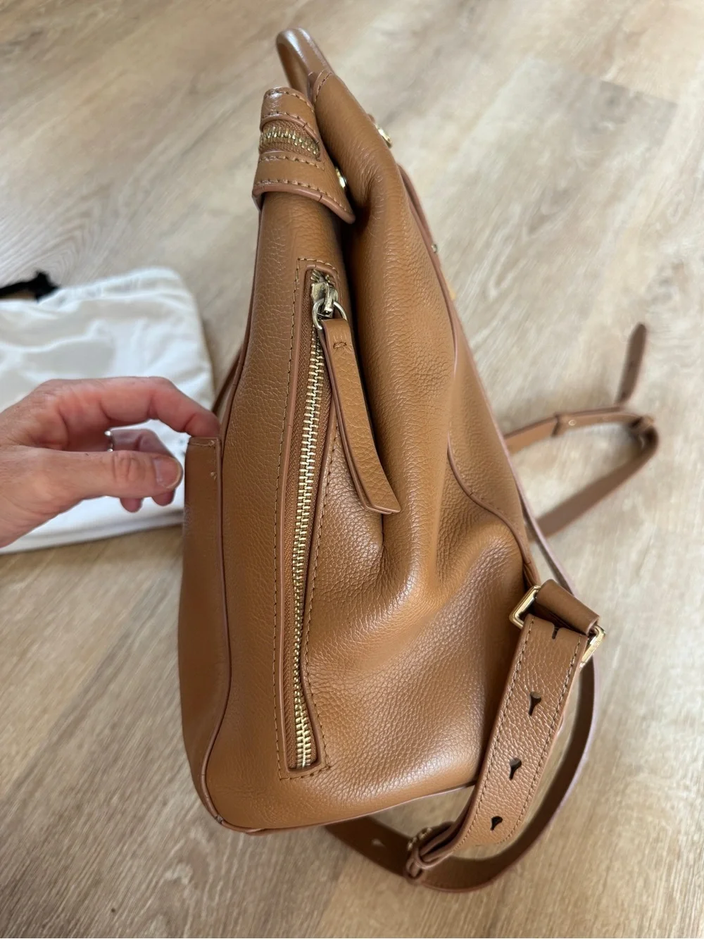 Mina Baie harper midi leather diaper bag backpack tan gold